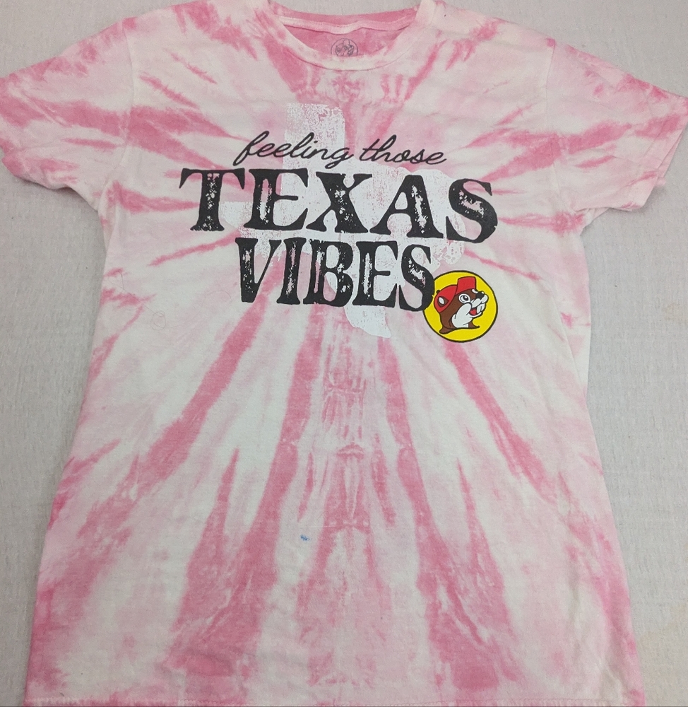 Buc-ee's Beaver Texas Vibes Pink & White Swirl Tie Dye Tee Shirt Small
